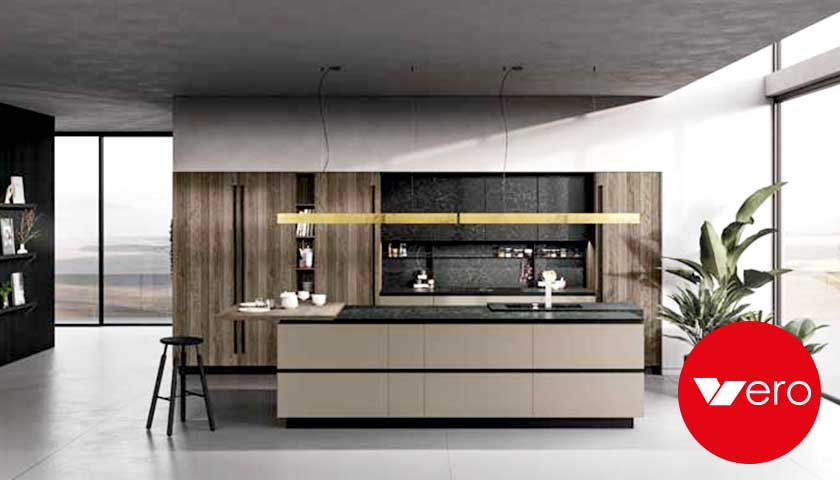 Vista frontale di una cucina a isola